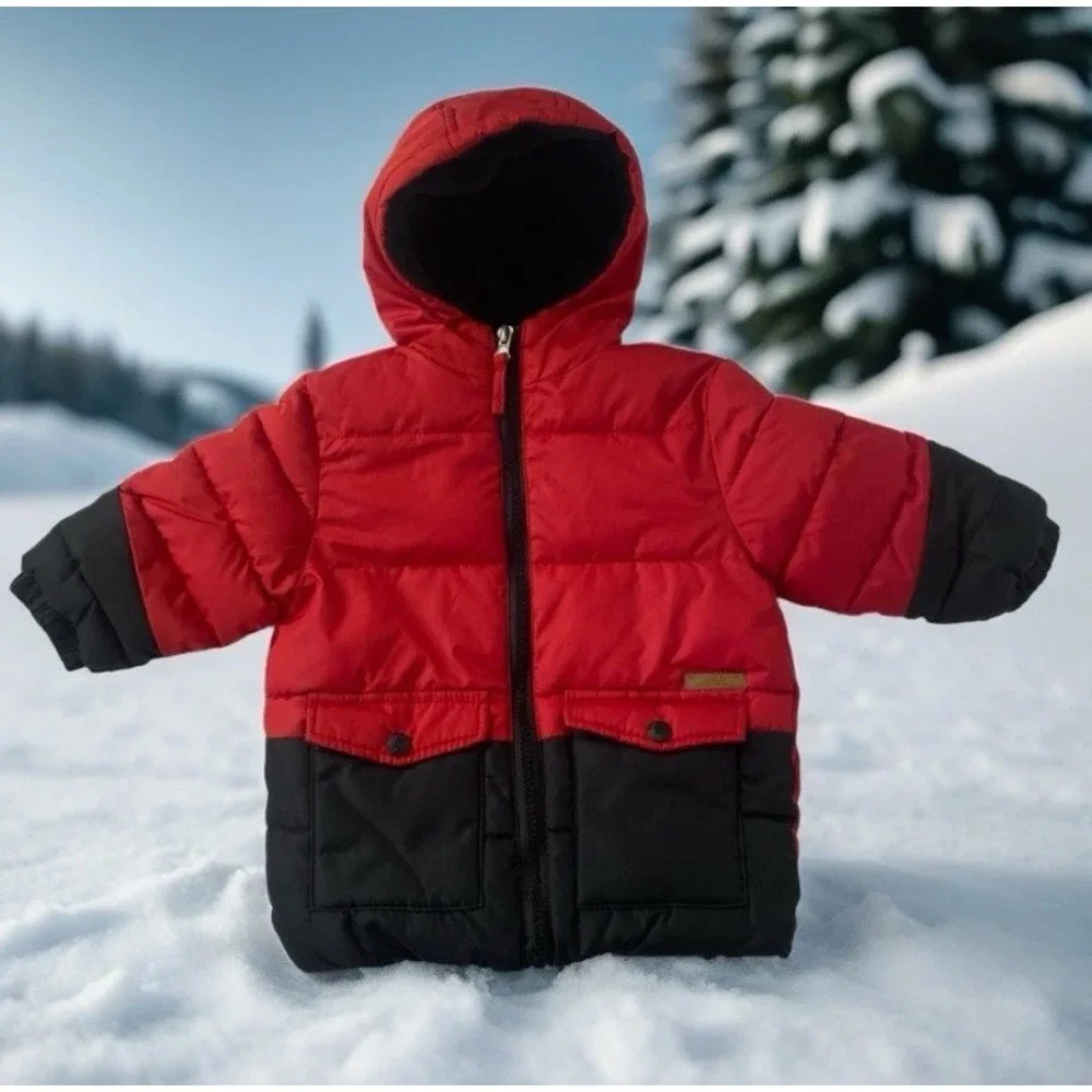iXtreme‎ Puffer Jacket Kids 12M Red Black Hooded Fleece Lined Winter Coat
